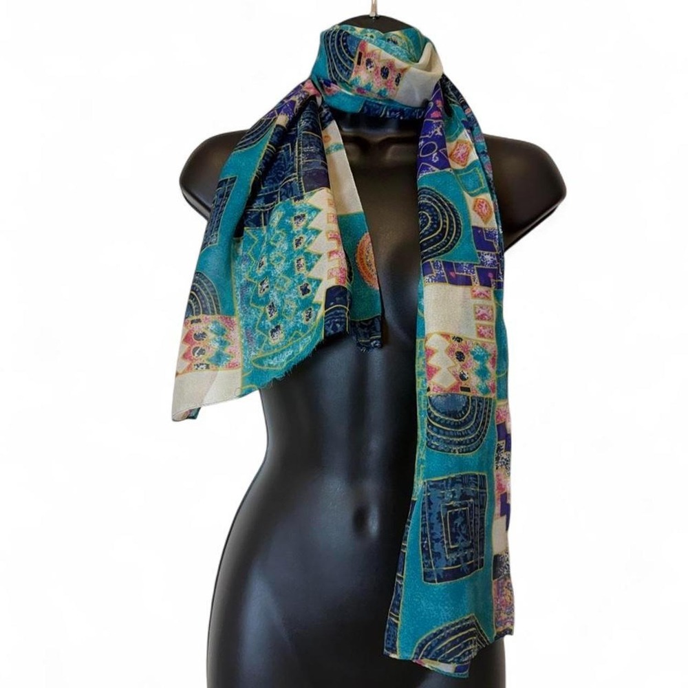 Vintage 90s Whimsigoth Teal Abstract Geometric Patchwork Frayed Raw Edge Scarf